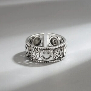 Minimalist 925 Sterling Silver Star Happy Face Ring Band Vintage Silver Ring